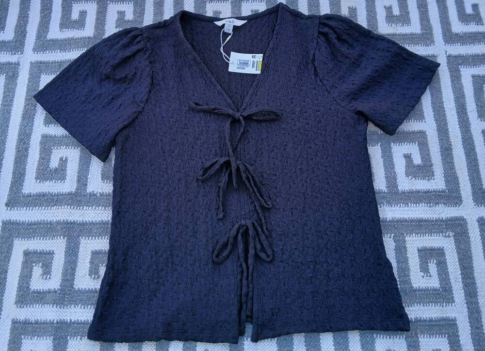 M&s womens small top black tie front cap sleeve textured
